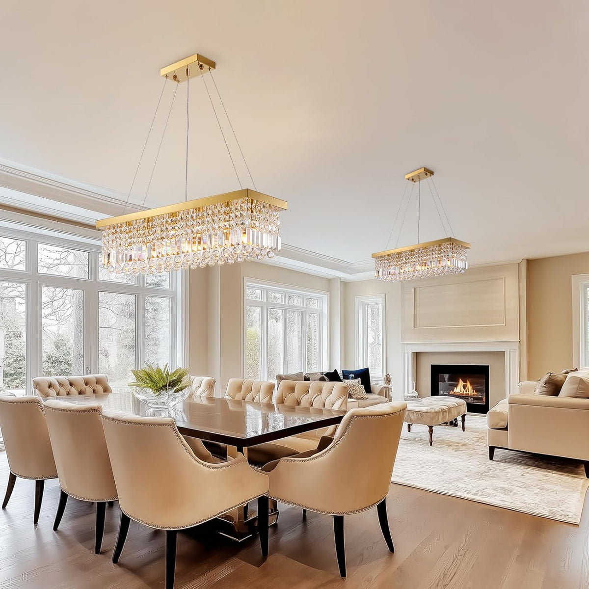 Modern Gold Crystal Chandelier,Rectangular K9 Crystal Raindrop Light Fixture,6 Light Rectangle Chandeliers for Dining Room Living Room Kitchen Island L31.5''xW10''xH10''