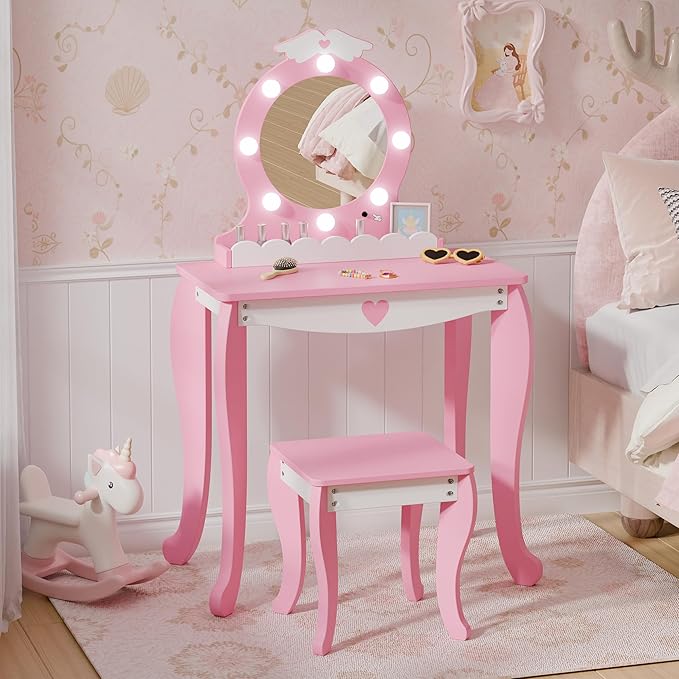 TOLEAD Girls Vanity with Lights, Mirror and Stool, Kids Make Up Vanity Set with Storage Space, Wing Pattern for Little Girls, Toddler Princess Makeup Dressing Table with Chair Set, Pink
