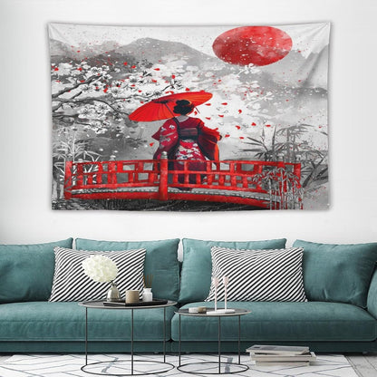 Japanese Red Geisha Tapestry Asian Cherry Blossom Red Sun Traditional Kimono Folk Tapestries Home Decor for Living Room Bedroom Apartment Farmhouse Dorm 60"x40"