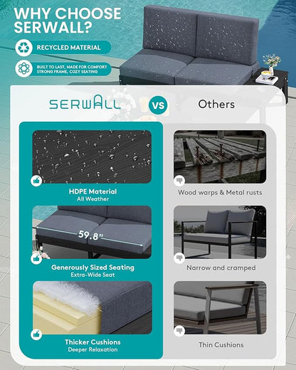SERWALL HDPE Patio Furniture Set with 15FT Double Side Patio Umbrella, Outdoor Sofa Set, Seats 6, Modular Sectional Couch for Patio, Garden, Backyard, Black Frame with Grey Cushion