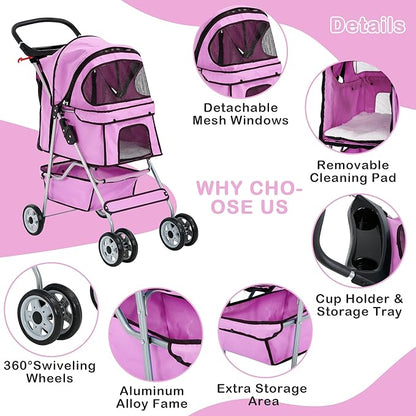 4 Wheels Pet Stroller Waterproof,Travel Stroller for Small Medium Dogs & Cats,Easy Fold with Removable Liner,Storage Basket,Pink
