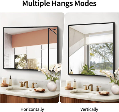 Black Bathroom Mirror for Wall, 30x48 Inch Rectangle Mirrors with Metal Frame, Modern Vanity Wall Mirror Decor for Bathroom Living Room, Entryway Hangs Horizontal or Vertical