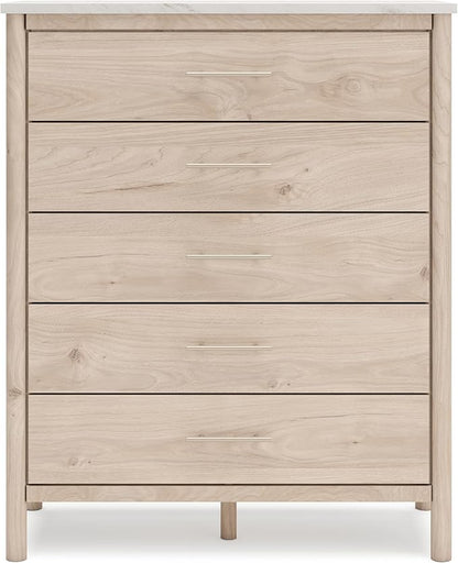 Signature Design by Ashley Cadmori Bohemian 5-Drawer Chest of Drawers with Safety Stop and Post Legs, White & Light Brown