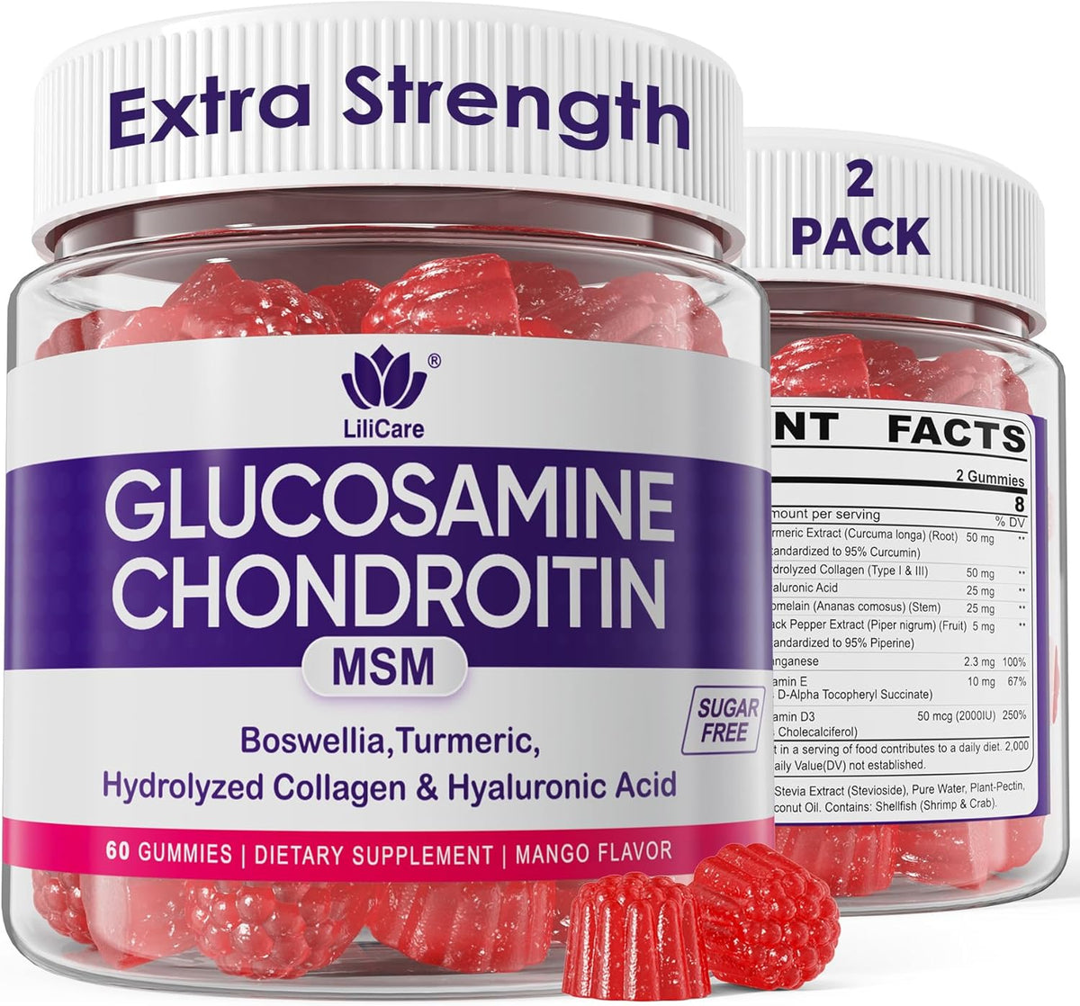 Glucosamine Chondroitin Gummies, Sugar Free Glucosamine Chondroitin MSM Supplement, Extra Strength with Boswellia Turmeric, Hydrolyzed Collagen & Hyaluronic Acid, Bone Health for Men & Women, 120 Cts