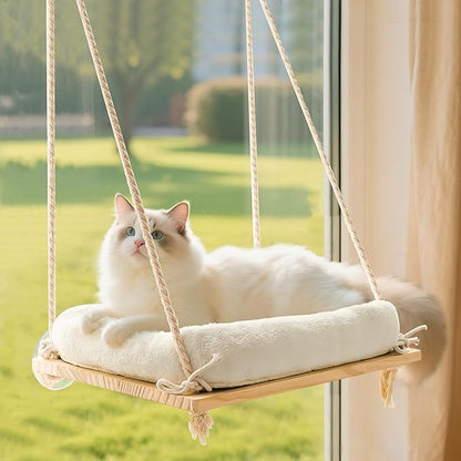 Cat Window Perch, Rustic Cat Hammock Bed with Solid Wood Seat 4 Heavy Duty Suction Cups, Plush Cushion, Indoor Pet Window Hammock for Cats for Large Cats