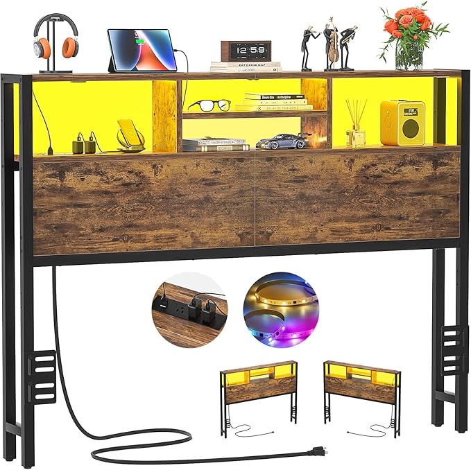 Aheaplus Headboard for Full Size Bed with Storage, Headboards with Outlets, USB Ports and LED Light, Full Size Head Board, Height Adjustable, Reversible, Sturdy and Stable Headboard, Rustic Brown