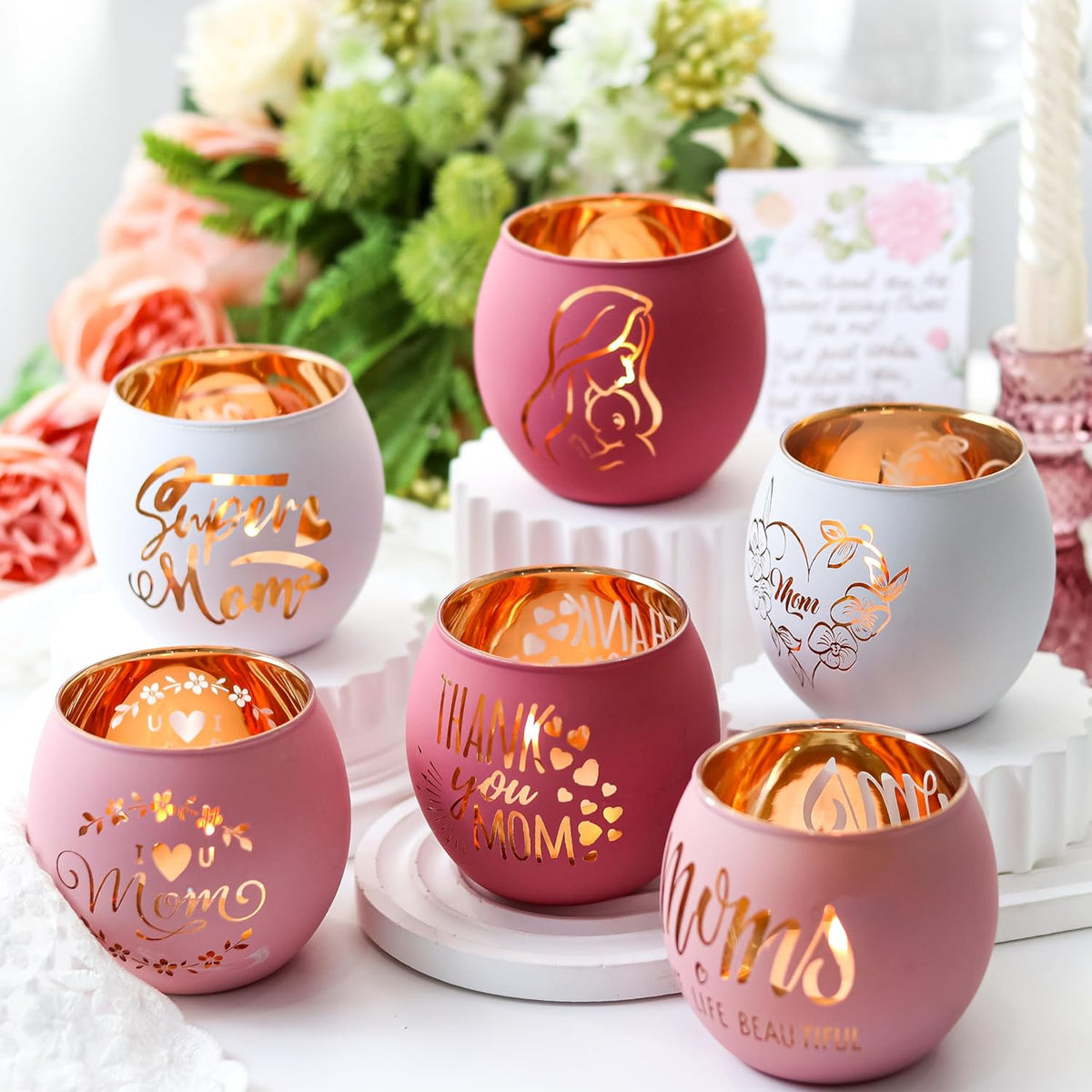 Birthday Gifts for Mom, Delicate Mother Gifts from Daughter Son, Engraved Glass ealight Votive Candle Holder Pink, Mothers Day Christmas Birthday Gifts for Mom, Ideas 6PCS