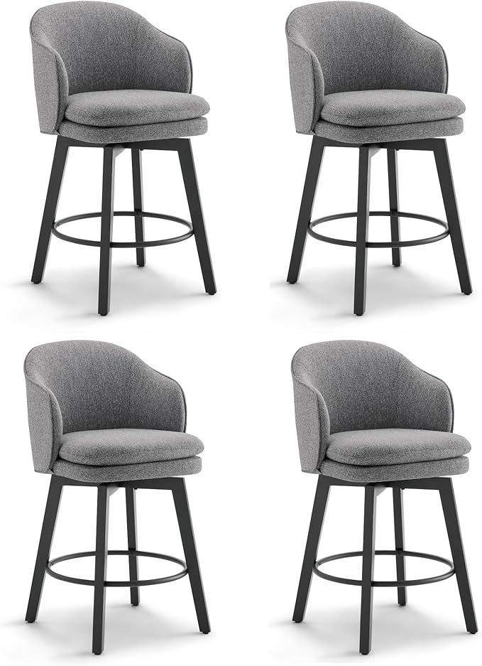 Counter Height Barstools 26 inch Upholstered Swivel Bar Stools with Back and Wood Legs for Kitchen Island,Set of 4,Dark Grey Fabric