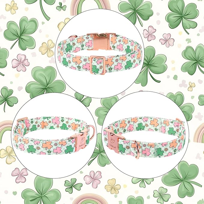 St. Patrick's Day Dog Collar for Medium Dogs - Lucky Clover Pastel Dog Collars, Irish Spring Shamrock Pet Collars, Adjustable Heavy Duty Dogs Collar with Metal Buckle M