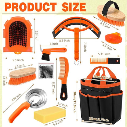 Abbylike 12 Piece Horse Grooming Kit with Organizer Tote Bag Brush Sets for Derby Day Show Horses Professional Tools for Care & Massage(Orange)