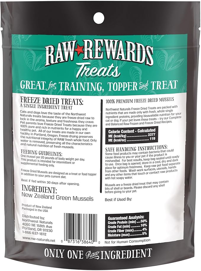 Northwest Naturals Raw Rewards Freeze-Dried Green Lipped Mussel Treats for Dogs and Cats - Bite Sized Pieces - Grain Free - 1 Ingredient - Healthy - Human Grade - All Natural - USA Made - 2 Oz