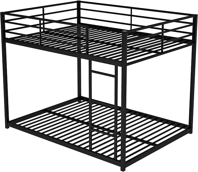Full Over Full Metal Bunk Bed with Full-Length Guardrail,Low Bed Frame W/Ladder, Steel,No Noise,Bedroom Furniture for Adult Kid Boy Girl Teen,Black