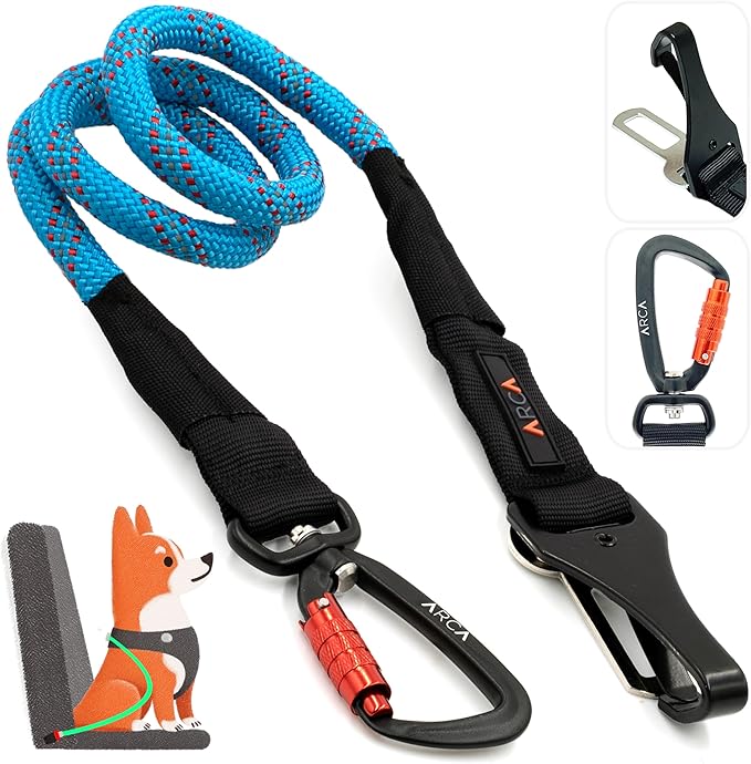 Dog Seat Belt for Car | Universal Pet Car Seatbelt with Reflective Climbing Rope, Aviation Aluminum Carabiner with 360° Swivel & Auto-Lock, Secure Safety Restraint (Trail Blue 360°)