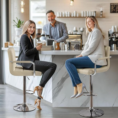 Yaheetech Bar Stools Set of 4, PU Leather Adjustable Swivel Barstools, Hydraulic Kitchen Counter Height Chairs with Armrest and Back for Kitchen, Dining Room, Khaki