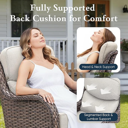 Belord Luxury 6" Thick Cushioned 5 Pieces Patio Furniture Set with 2 Ottomans, Wicker Outdoor Conversation Set with High Back Swivel Rocker Patio Chairs for Deck Porch Yard and Poolside - Brown+Beige
