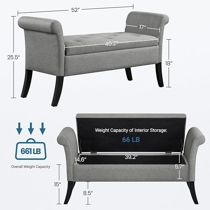 Yaheetech Ottoman with Storage, 52" Storage Ottoman Bench with Safety Hinge, Upholstered Bench with Seating for Bedroom, Living Room, Holds up to 661 lb, Light Gray