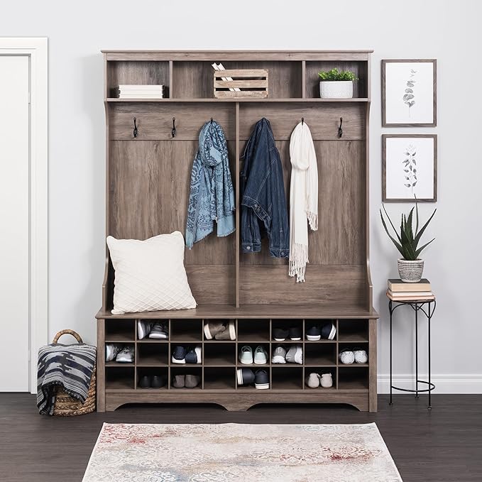 Prepac Gray Hall Tree, Shoe Cabinet, Storage Cabinet with 24 Shoe Cubbies and 6 Double Coat Hooks 15.5" D x 60" W x 77" H