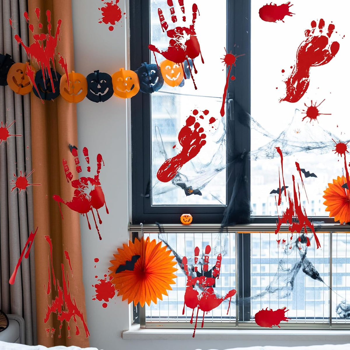 6 Pieces Bloody Handprint Window Clings – Horror PVC Stickers with Blood Splatter, Handprints, and Footprints for Scary Halloween Party Decorations, Haunted House, and Spooky Indoor Outdoor Décor