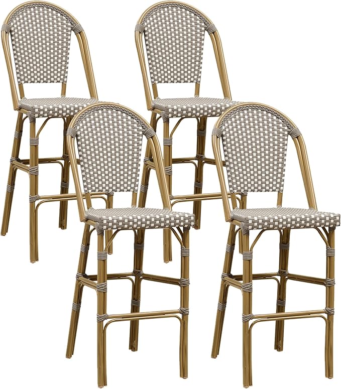 PURPLE LEAF French Bar Stool Set of 4 Bamboo Print Finish Patio Bar Stools with Back Wicker Bar Height Stool 30" with Footrest Kitchen Island Stools Outdoor Barstool Grey