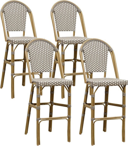 PURPLE LEAF French Bar Stool Set of 4 Bamboo Print Finish Patio Bar Stools with Back Wicker Bar Height Stool 30" with Footrest Kitchen Island Stools Outdoor Barstool Grey