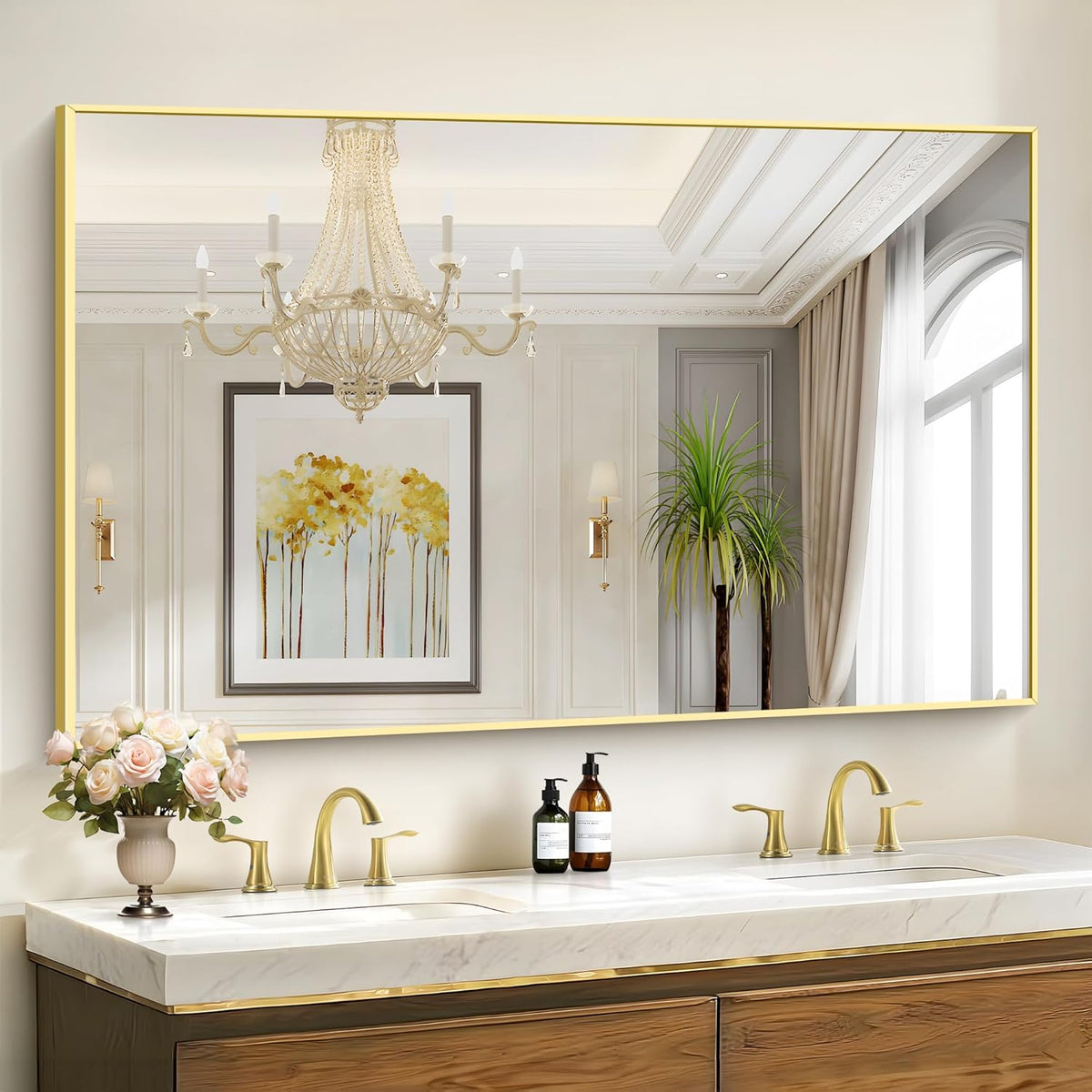 36x55inch Bathroom Mirror, Gold Rectangle Mirror with Thin Metal Frame, Large Rectangular Wall Mirror for Bathroom, Living Room, Hair Salon, Big Farmhouse Mirror Hang Horizontal/Vertical