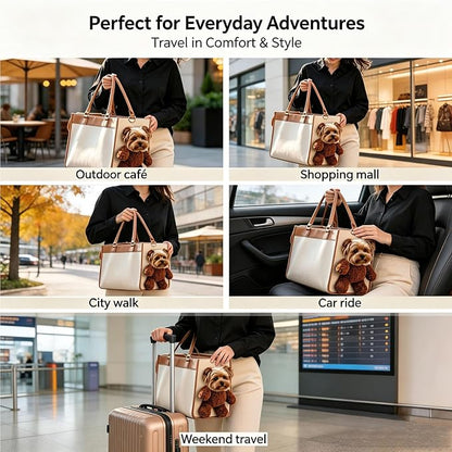 Teddy Bear Dog Carrier Bag, Teddy Carrier Bag for Dogs and Cats, Portable PU Leather Shoulder Tote with Plush Ears, Portable Convenient，White Brown Color Scheme M