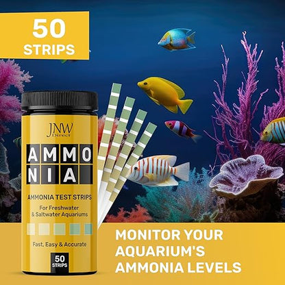 JNW Direct Ammonia Test Strips for Fish Tank - 50 Aquarium Test Strips, Saltwater & Freshwater Aquarium Test Kit, Accurate Aquarium Water Test Kit with Color Chart, Water Testing Kit Aquarium