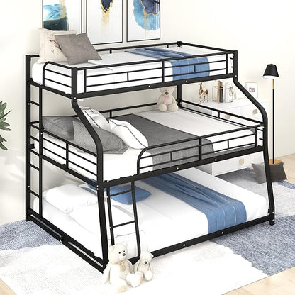 Twin XL/Full XL/Queen Triple Bunk Bed with Long and Short Ladder & Full-Length Guardrails,3 Bed Frame in 1 w/Stairs,Easy Assembly,for Adult Kid Boy Girl Teen,Black