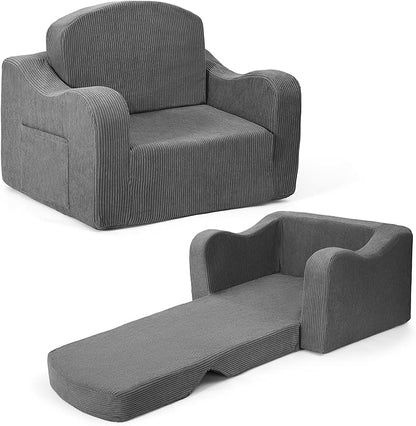 Comfy Toddler Chair for Kids, 2-in-1 Toddler Soft Plush Couch Fold Out, Convertible Kids Couch to Lounger, Baby Sofa for Boys and Girls,Grey