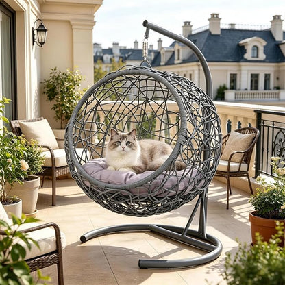 Hanging Cat Swing Bed with Stand & Cushion | Rattan Wicker Egg Chair for Cats, Small Dogs & Pets, Indoor Swinging Bed, Cozy Resting Spot, Modern Design