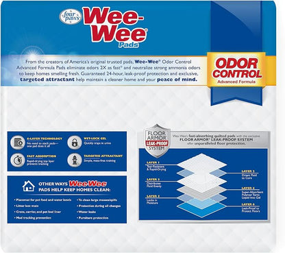 Four Paws Wee-Wee Advanced Formula Odor Control Dog Pee Pads, 100 Count | Neutralizes ammonia odors, pee pads for dogs & puppies, dog housebreaking, new puppy supplies, 22" x 23"