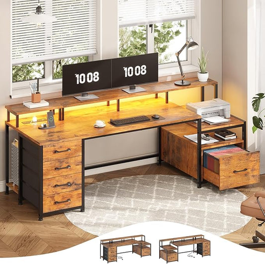 SEDETA Home Office Desk with File Drawer & Power Outlet, 75'' Large Computer Desk with 5 Drawer, Storage Shelves, Monitor Shelf and Led Lights, 23.6" W Desktop Gaming Desk, Rustic Brown