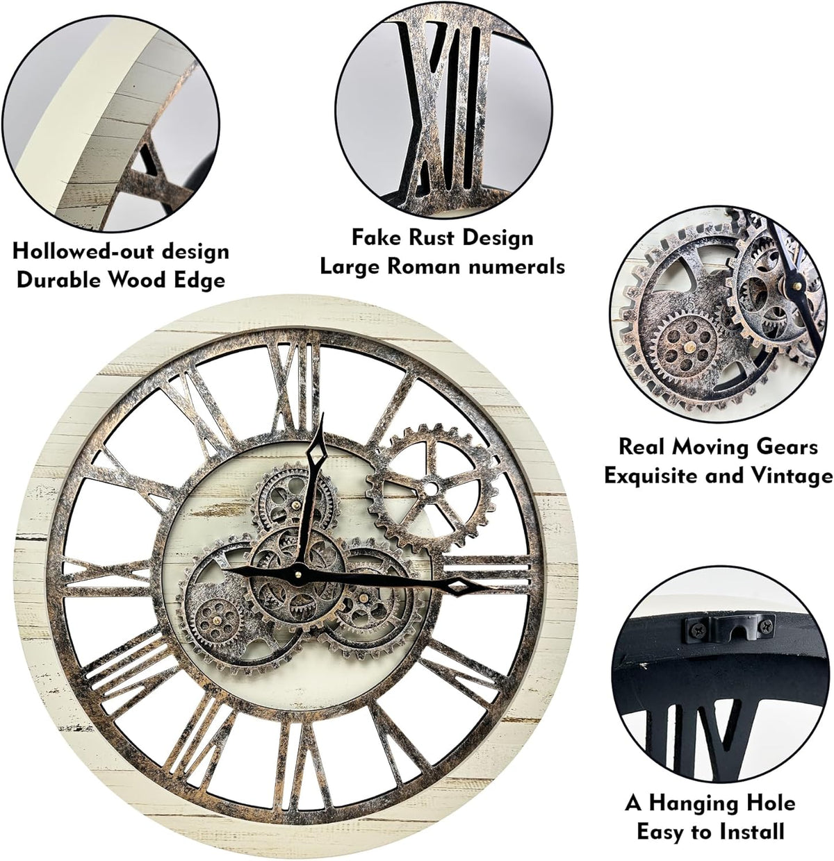 The B-Style Large Wall Clock 24 inch Moving Gear Wall Clock Oversized Vintage Farmhouse Wall Clocks for Living Room Decor Rustic Industrial Wood Clock (Desert Beige, 24 inch/60cm)