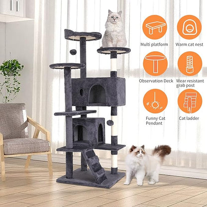 BestPet | 54" Cat Tree Tower | Ashy | Sturdy, Easy to Assemble, Multi-Level Activity Center with Sisal Scratching Posts, Condos, Perches, Hanging Cat Toys, Observation Decks & Ladder