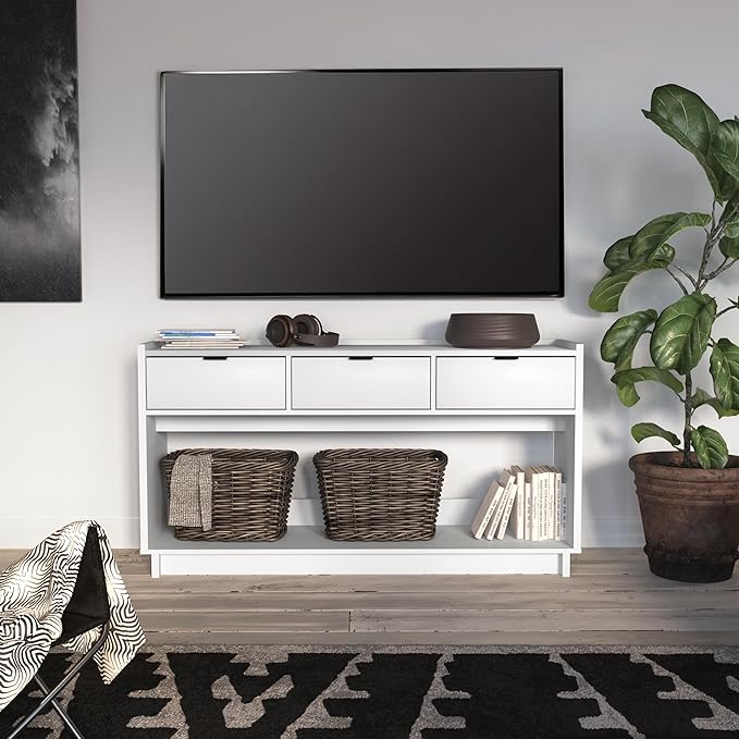 Prepac White Simply Modern Entryway Table, Narrow Console Table with 3 Drawers, Media Console with Storage, 15.75" D x 60.25" W x 32" H