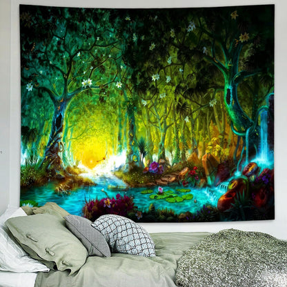 Delur Fantasy Forest Tapestry Mystical River Enchanted Magical Fairy Tale Tree Tapestry Sunrise Landscape Sunset Nature Psychedelic Wall Hanging Headboard for Bedroom Living Room Home Decor (59.1" x 78.7")