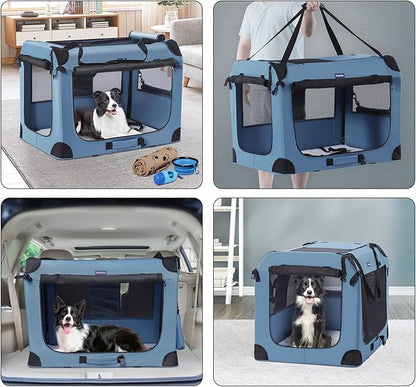 Petprsco Portable Dog Crates for Medium Dogs, 32"x23"x23" Travel Dog Crate | Collapsible Dog Crate with Plush Mat, Soft Blanket & Foldable Bowl, Strong Fabric, 4-Sided Vents, 3 Doors, Indoor/Outdoor Use