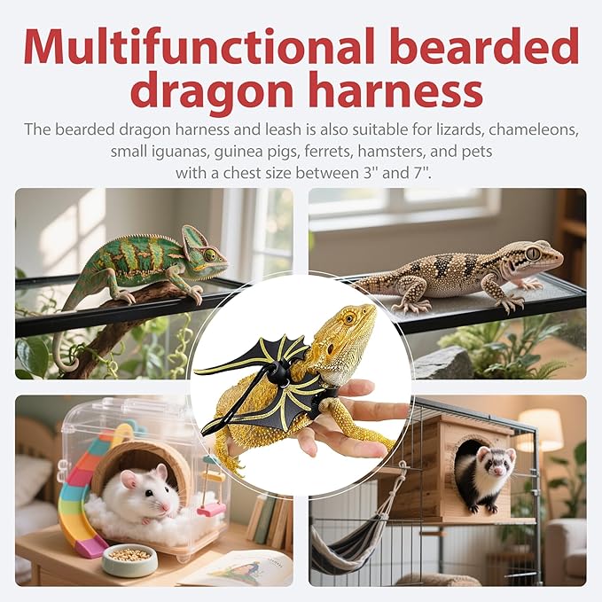 3 Sizes Bearded Dragon Harness and Leash Set with Dinosaur Wings – Adjustable Lizard Leash Harness for Reptiles,Bearded Dragons,Lizards, Geckos Tnkcter