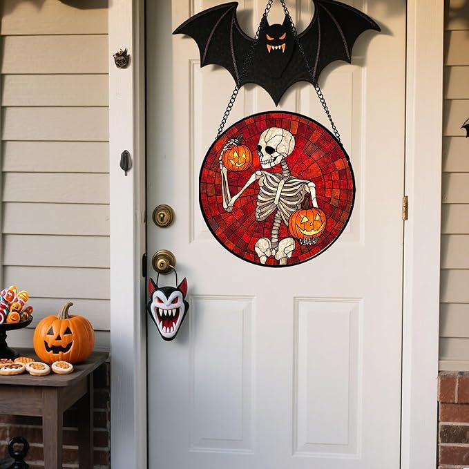 Stained Glass Window Hanging - Halloween Decorations Skeleton Pumpkin Suncatcher for Doors Garden Indoor Spooky Funny Sun Catchers Gothic Decor Horror Gifts for Women Men Friend 15 in