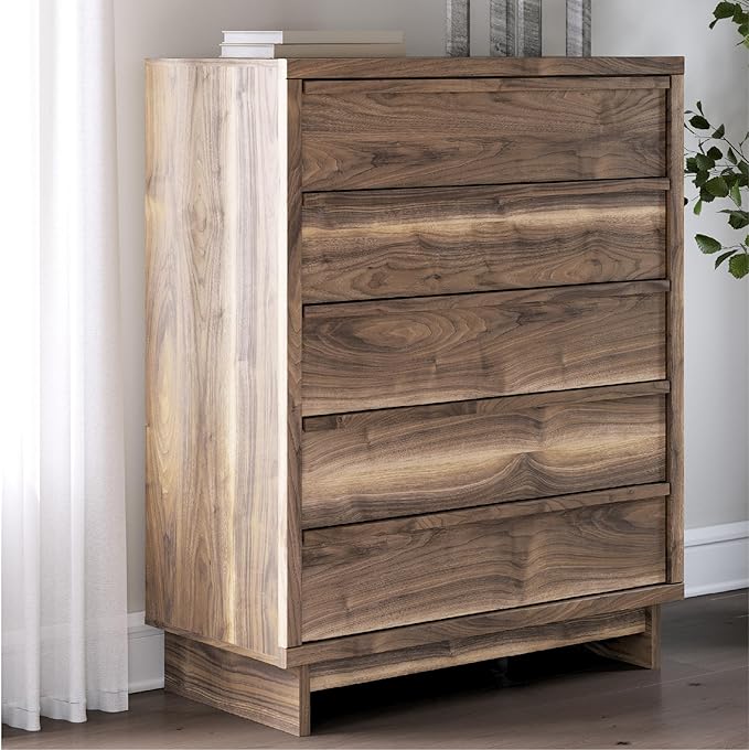 Signature Design by Ashley Darcalli Casual 5-Drawer Wide Chest with Easy Glide and Safety Stop for Bedroom, Light Brown