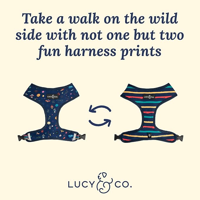Lucy & Co. Reversible Dog Harness - Water-Repellent Neoprene, Dual-Print Design, Easy Swap Style, Adjustable Comfort Fit - Space Doodle Reversible Harness - Large