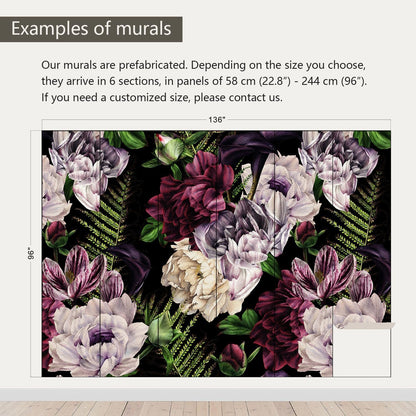 AFZEVEB-Purple Peony Wallpaper Watercolor Floral Wall Mural for Bedroom 136"x96"(Not Peel and Stick)
