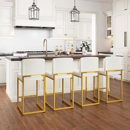 PHI VILLA Bar Stools Set of 2 - Bar Stools with Back Leather Stools for Kitchen Counter, White and Gold Counter Height Bar Stool