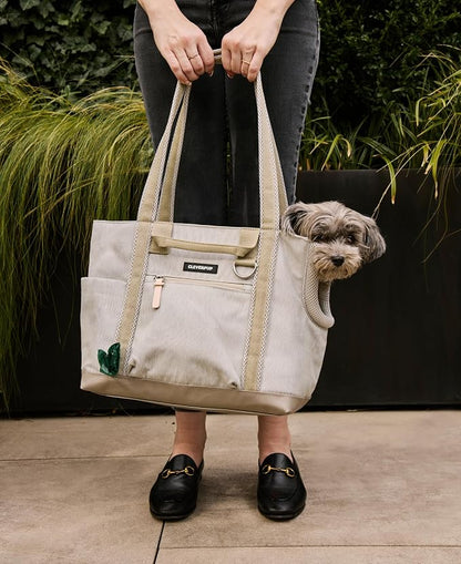 Transit Tote Dog Carrier for Small Dogs Under 8 lbs, 16x11x8 Soft-Sided 4-Pc Set with Waterproof Base, Plush Insert, Food Pouch, Mesh Head Opening - Small, Sand