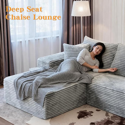106''Boneless Couches for Living Room, L Shaped Modular Sectional Sofa with Chaise Lounge, Faux Rabbit Fur & Layered Cushion Deep Seat Cloud Couch, No Assembly (Grey, Left Facing Chaise)