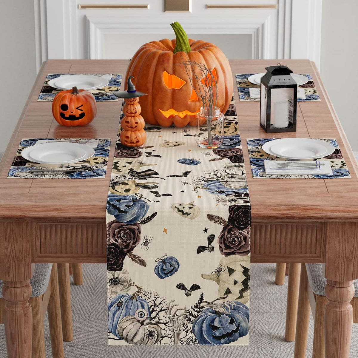 XCHI Spooky Blue Pumpkin Halloween Table Runner Party Table Decoration for Home Kitchen Dining Holiday Decor 13x48 Inch