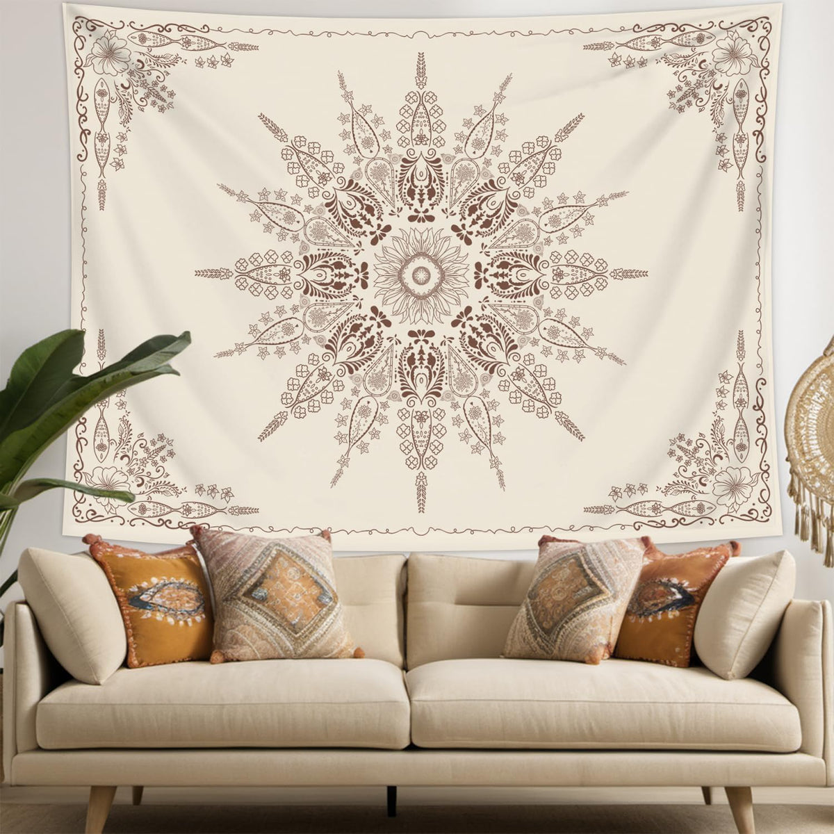 FORATER Floral Bohemian Tapestry, Flower Aesthetic Tapestry Indian Wall Hanging Boho Tapestries Mandala Room Decor for Bedroom Living Room Dorm (Flaxen, 61L x 53W)