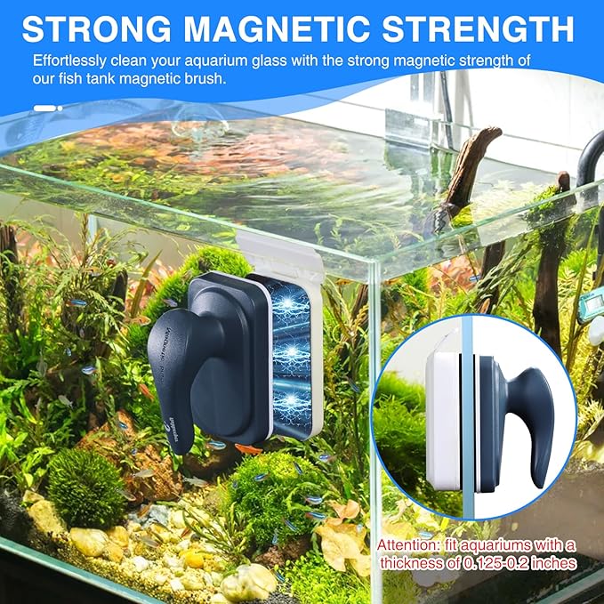 fishkeeper Aquarium Strong Magnetic Glass Cleaner Brush, Fish Tank Algae Magnet Cleaning Tool with 2 Detachable Scrapers, Mag Float Scrubber for 0.2 Inch Glass and Acrylic Tanks