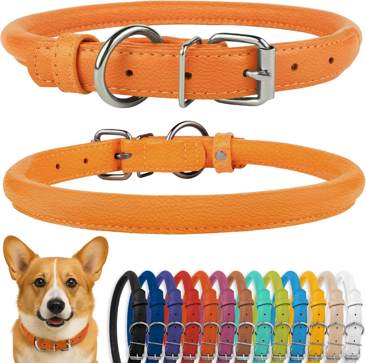 CollarDirect Rolled Leather Dog Collar, Soft Padded Round Puppy Collar, Handmade Genuine Leather Collar Dog Small Large Cat Collars 13 Colors (13-16 Inch, Orange Textured)