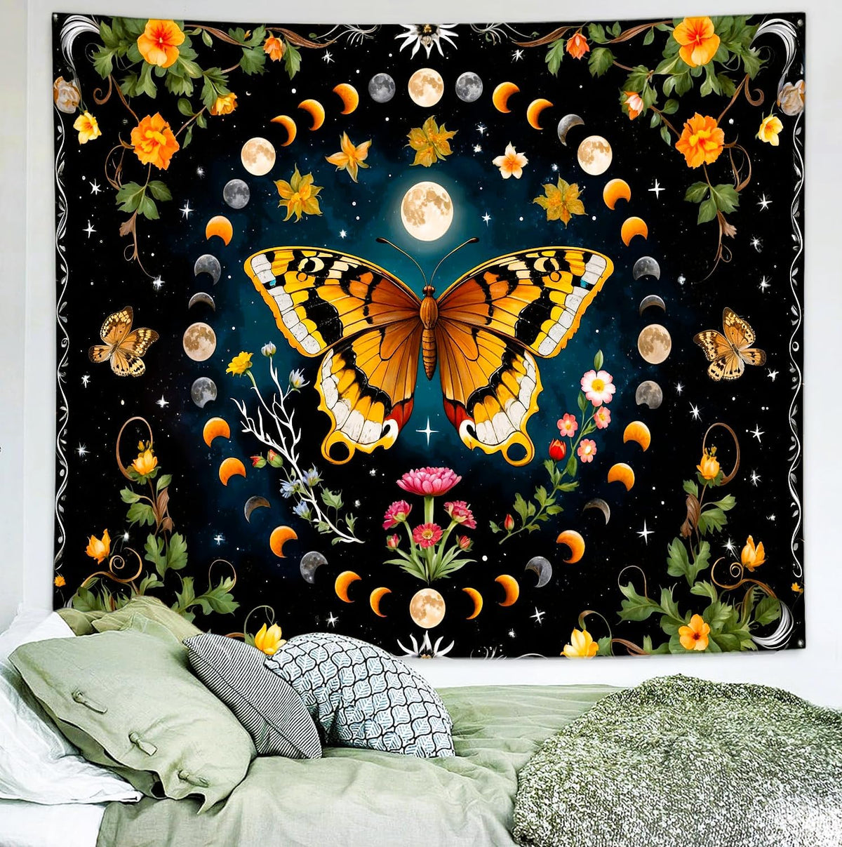 Delur Butterfly Moon Flower Tapestry Botanical Floral Plant Boho Tapestry Wall Hanging Mandala Aesthetic Mushroom Retro Vintage Headboard for Bedroom Living Room Home Decor (59.1" x 78.7")